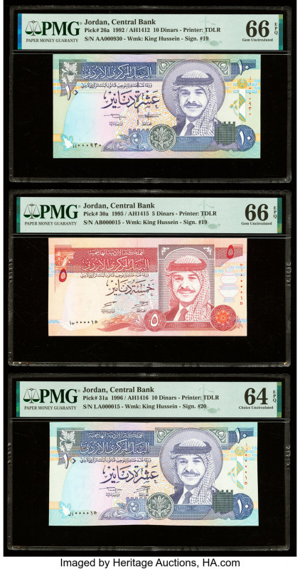 Low Serial Jordan Central Bank of Jordan 10 (2); 5 Dinars 1992; 1995; 1996 Pick ...