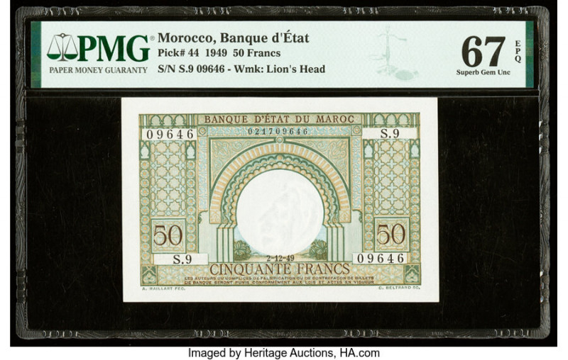 Morocco Banque d'Etat du Maroc 50 Francs 2.12.1949 Pick 44 PMG Superb Gem Unc 67...