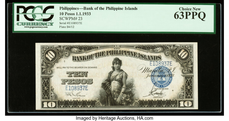 Philippines Bank of the Philippine Islands 10 Pesos 1.1.1933 Pick 23 PCGS Choice...