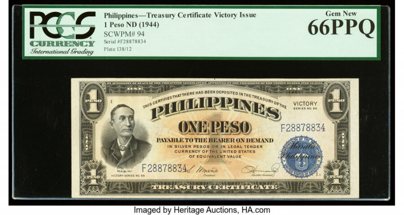 Philippines Philippine National Bank 1 Peso ND (1944) Pick 94 PCGS Gem New 66PPQ...