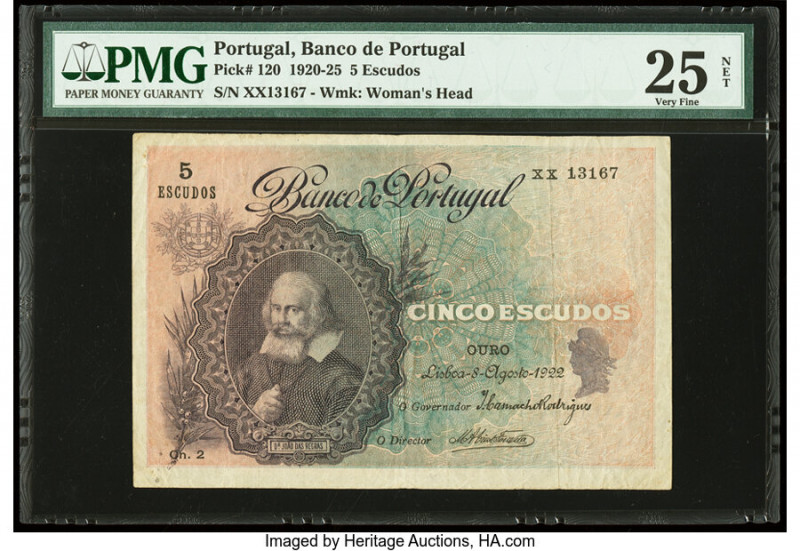 Portugal Banco de Portugal 5 Escudos 8.8.1922 Pick 120 PMG Very Fine 25 Net. Min...