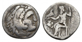 KINGS OF MACEDON. Alexander III 'the Great' (336-323 BC). Drachm. Lampsakos.
Obv: Head of Herakles right, wearing lion skin.
Rev: AΛΕΞΑΝΔΡΟΥ.
Zeus ...