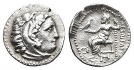 KINGS OF MACEDON. Alexander III 'the Great' (336-323). Drachm. Magnesia.
Obv: Head of Herakles right, wearing lion skin.
Rev: AΛEΞANΔPOY.
Zeus Aëto...