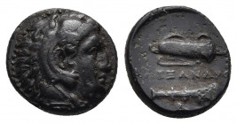 KINGS OF MACEDON. Alexander III 'the Great' (336-323 BC). Ae Unit. Macedonian mint.
Obv: Head of Herakles right, wearing lion skin.
Rev: AΛΕΞΑΝΔΡΟΥ....