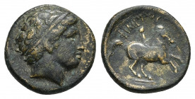 KINGS OF MACEDON. Philip III Arrhidaios (323-317 BC). Ae Unit. Miletos.
Obv: Head of Apollo right, wearing taenia.
Rev: ΦΙΛΙΠΠΟΥ.
Warrior on horse ...