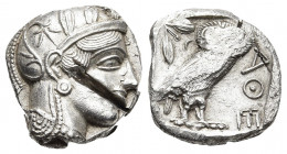 ATTICA. Athens. Tetradrachm (Circa 460-454 BC).
Obv: Helmeted head of Athena right, with frontal eye.
Rev: AΘE.
Owl standing right, head facing; ol...