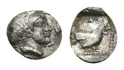 LESBOS. Methymna AR Hemiobol. Circa 500/480-460 BC.
Obv: Female head right, hair bound in sakkos.
Rev: Cock standing right within incuse square, [M]...