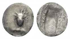 IONIA. Uncertain mint. Circa 5th century BC. AR Obol.
Obv: Facing bust zeus or bes.
Rev: Quadripartite incuse punch.
SNG Copenhagen -; SNG von Aulo...