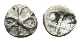 IONIA. Uncertain. Late 6th-early 5th century BC. AR Hemiobol. Phokaic standard.
Obv: Raised clockwise swastika pattern; two pellets on each side.
Re...