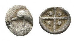 ISLANDS OF THRACE. Thasos. Circa 500-480 BC. AR Sixteenth Stater – Obol.
Obv: Dolphin left; pellet above and below.
Rev: Quadripartite incuse square...