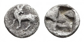 Thraco-Macedonian Tribes, uncertain mint AR Obol. Circa 5th century BC.
Obv: Horse standing left right with head reverted.
Rev: Quadripartite incuse...