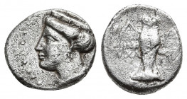 PONTOS. Amisos. Drachm (Late 5th-4th century BC).
Obv: Head of Hera left, wearing ornamented stephanos.
Rev: AIΓI ΠEIPA.
Eagle, with spread wings, ...