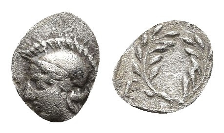 AEOLIS. Elaia. Hemiobol (Circa 450-440 BC).
Obv: Helmeted head of Athena left....