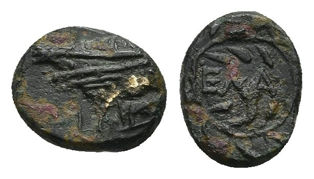 AEOLIS. Elaia. Ca. 350-281 B.C. Ae.
Obv: Prow right.
Rev: EΛAI.
Within wreath...