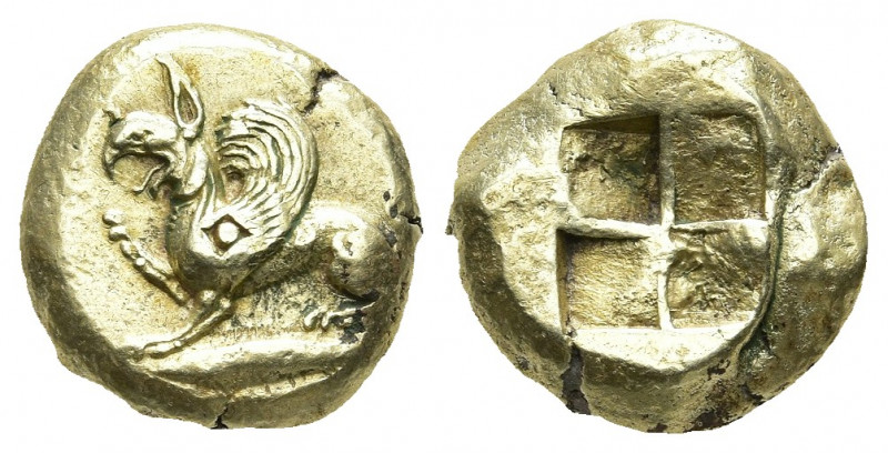 MYSIA. Kyzikos. Circa 550-450 BC. EL Stater.
Obv: Griffin seated left, raising ...