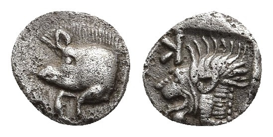 MYSIA. Kyzikos. Obol (Circa 450-400 BC).
Obv: Forepart of boar left; tunny to r...