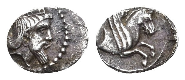 CILICIA. Uncertain. Obol (4th century BC).
Obv: Crowned and bearded head (of Pe...