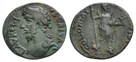PISIDIA. Antioch. Lucius Verus. 161-169 AD.
Obv: Laureate and draped bust left .
Rev: Mên standing facing, head turned right, with left foot on bucr...