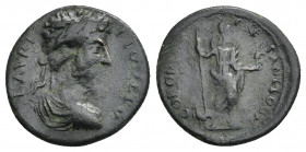 PISIDIA. Antioch. Lucius Verus. 161-169 AD. Ae.
Obv: Laureate and draped bust left.
Rev: Mên standing facing, head turned right, with left foot on b...