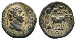 PISIDIA. Antioch. Titus (Caesar, 69-79). Ae. Obv: T CAEƧ IMP POИT. Laureate head right. Rev: ANT / COL. Founder plowing right, with yoke of oxen; cres...