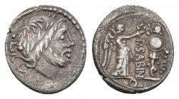 P. SABINUS. Quinarius (99 BC). Rome.
Obv: Laureate head of Jupiter right; to left, pellet above and below I.
Rev: P SABIN.
Victory standing right, ...