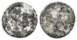 MN. AQUILIUS MN.F. MN.N. Serrate Fourre Denarius (65 BC). Rome.
Obv: VIRTVS III VIR.
Helmeted and draped bust of Virtus right.
Rev: MN F MN N / MN ...