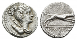 C. POSTUMIUS. Denarius (73 BC). Rome.
Obv: Draped bust of Diana right, with bow and quiver over shoulder.
Rev: C POSTVMI.
Hound springing right; be...