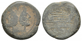 C. VIBIUS C.F. PANSA. Ae As (90 BC). Rome.
Obv: Laureate head of Janus; I (mark of value) above.
Rev: ROMA / C VIBIVS.
Three prows right; I (mark o...