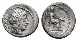 M. PORCIUS CATO (89 BC). Quinarius. Rome.
Obv: M CATO.
Head of Liber right, wearing ivy wreath; below, serpent right.
Rev: VICTRIX.
Victory seated...