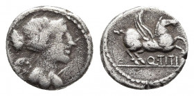 Q. TITIUS. Quinarius (90 BC). Rome.
Obv: Draped and winged bust of Victory right.
Rev: Q TITI. Pegasus springing right.
Crawford 341/3.
Condition:...