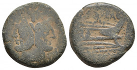 A. CAECILIUS. As (169-158 BC). Rome.
Obv: Laureate head of bearded Janus; I (mark of value) above.
Rev: A • C(AE) / ROMA.
Prow of galley right; I (...