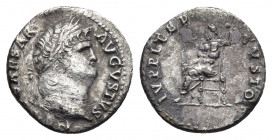 NERO (54-68). Denarius. Rome.
Obv: IMP NERO CAESAR AVGVSTVS.
Laureate head right.
Rev: IVPPITER CVSTOS.
Jupiter seated left on throne, holding thu...