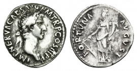 NERVA (96-98). Denarius. Rome.
Obv: IMP NERVA CAES AVG P M TR P II COS III P P.
Laureate head right.
Rev: FORTVNA AVGVST.
Fortuna standing left, h...