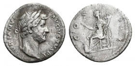 HADRIAN (117-138). Denarius. Eastern mint.
Obv: HADRIANVS AVGVSTVS.
Laureate head right with slight drapery.
Rev: COS III.
Fortuna seated left on ...