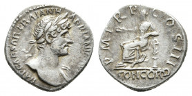 HADRIAN (117-138). Denarius. Rome.
Obv: IMP CAESAR TRAIAN HADRIANVS AVG.
Laureate head right.
Rev: P M TR P COS III / CONCORD.
Concordia seated le...