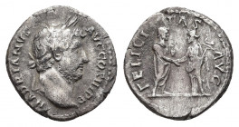 HADRIAN (117-138). Denarius. Rome.
Obv: HADRIANVS AVG COS III P P.
Bare head right.
Rev: FELICITAS AVG.
Hadrian and Felicitas clasping hands.
RIC...