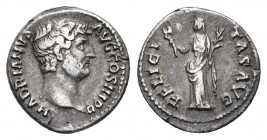 HADRIAN (117-138). Denarius. Rome.
Obv: HADRIANVS AVG COS III P P.
Bare head right.
Rev: FELICITAS AVG.
Felicitas standing left, holding caduceus ...