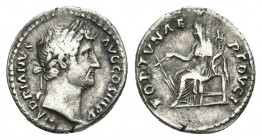HADRIAN (117-138). Denarius. Rome.
Obv: HADRIANVS AVG COS III P P.
Laureate head right.
Rev: FORTVNAE REDVCI.
Fortuna seated left on throne, holdi...