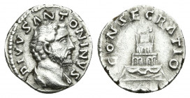 DIVUS ANTONINUS PIUS (Died 161). Denarius. Rome. Struck under Marcus Aurelius.
Obv: DIVVS ANTONINVS.
Bareheaded bust right, with slight drapery.
Re...