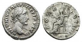 ANTONINUS PIUS (138-161). Denarius. Rome.
Obv: ANTONINVS AVG PIVS P P TR P XXIII.
Laureate head right.
Rev: ROMA COS IIII.
Roma seated left on thr...