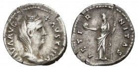 DIVA FAUSTINA I (Died 140/1). Denarius. Rome.
Obv: DIVA FAVSTINA.
Veiled and draped bust right.
Rev: AETERNITAS.
Fortuna standing left with globe ...
