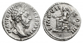 MARCUS AURELIUS (161-180). Denarius. Rome.
Obv: M ANTONINVS AVG TR P XXVIII.
Laureate head right.
Rev: IMP VII COS III.
Victory seated left on thr...