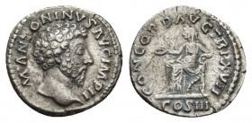MARCUS AURELIUS (161-180). Denarius. Rome.
Obv: M ANTONINVS AVG IMP II.
Bare head right.
Rev: CONCORD AVG TR P XVII / COS III.
Concordia seated le...