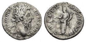 MARCUS AURELIUS (AD 161-180). Denarius. Rome.
Obv: M ANTONINVS AVG-GERM SARM, aureate head of Marcus Aurelius right.
Rev: TR P XXX IMP VIII COS III ...