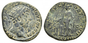 MARCUS AURELIUS (161-180). Dupondius. Rome. Obv: IMP CAES M AVREL ANTONINVS AVG P M. Radiate head right. Rev: SALVTI AVGVSTOR TR P XVII / S - C / COS ...