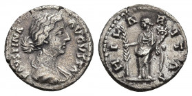 FAUSTINA II (Augusta, 147-175). Denarius. Rome.
Obv: FAVSTINA AVGVSTA.
Draped bust right.
Rev: HILARITAS.
Hilaritas standing left, holding cornuco...