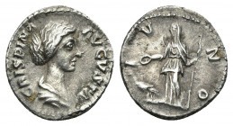 CRISPINA (Augusta, 178-182). Denarius. Rome.
Obv: CRISPINA AVGVSTA.
Draped bust right.
Rev: IVNO.
Juno standing left with patera and sceptre; peac...