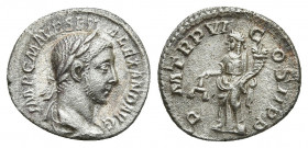 SEVERUS ALEXANDER (222-235). Denarius. Rome. Obv: IMP C M AVR SEV ALEXAND AVG. Laureate and draped bust right. Rev: P M TR P VI COS II P P. Aequitas s...