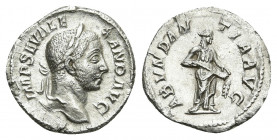 SEVERUS ALEXANDER (222-235). Denarius. Rome.
Obv: IMP SEV ALEXAND AVG.
Laureate bust right, with slight drapery.
Rev: ABVNDANTIA AVG.
Abundantia s...