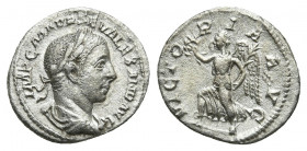 SEVERUS ALEXANDER (222-235). Denarius. Rome.
Obv: IMP C M AVR SEV ALEXAND AVG.
Laureate and draped bust right.
Rev: VICTORIA AVG.
Victory advancin...